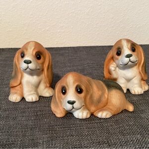 Vintage 1980's HOMCO Basset Hound Puppy, 3 Porcelain Figurine Set - IEC